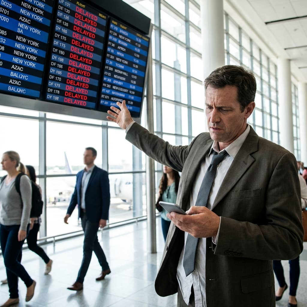 Frustrated passenger dealing with flight delay